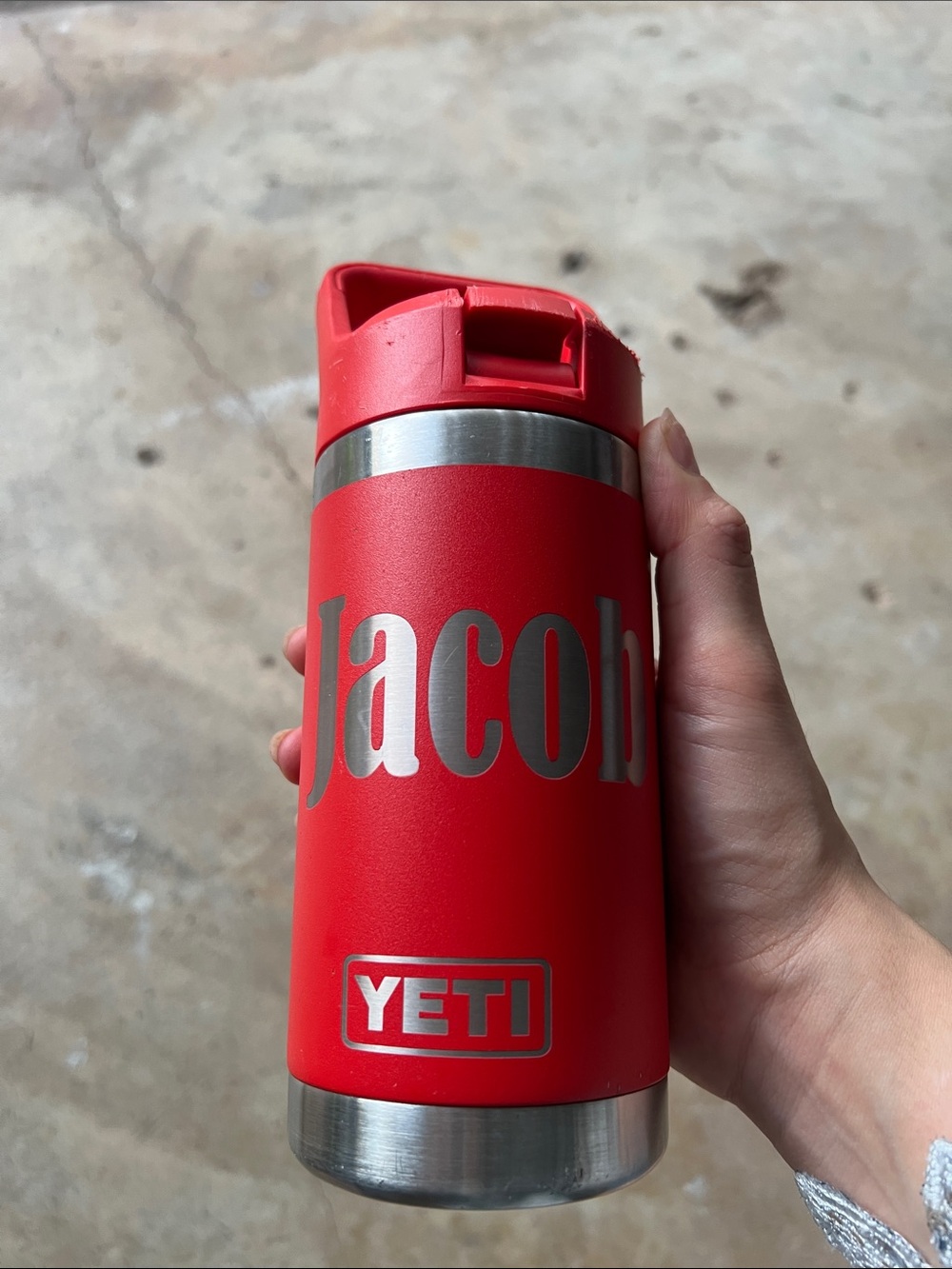 Yeti Red Personalized Rambler Bottle with Silver “Jacob” - Missing inside straw
